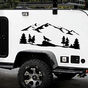 Car Vinyl Decal Stickers， for SUV RV Camper Offroad Howling Wolf Decoration Mountains Forest Animals Moonlight