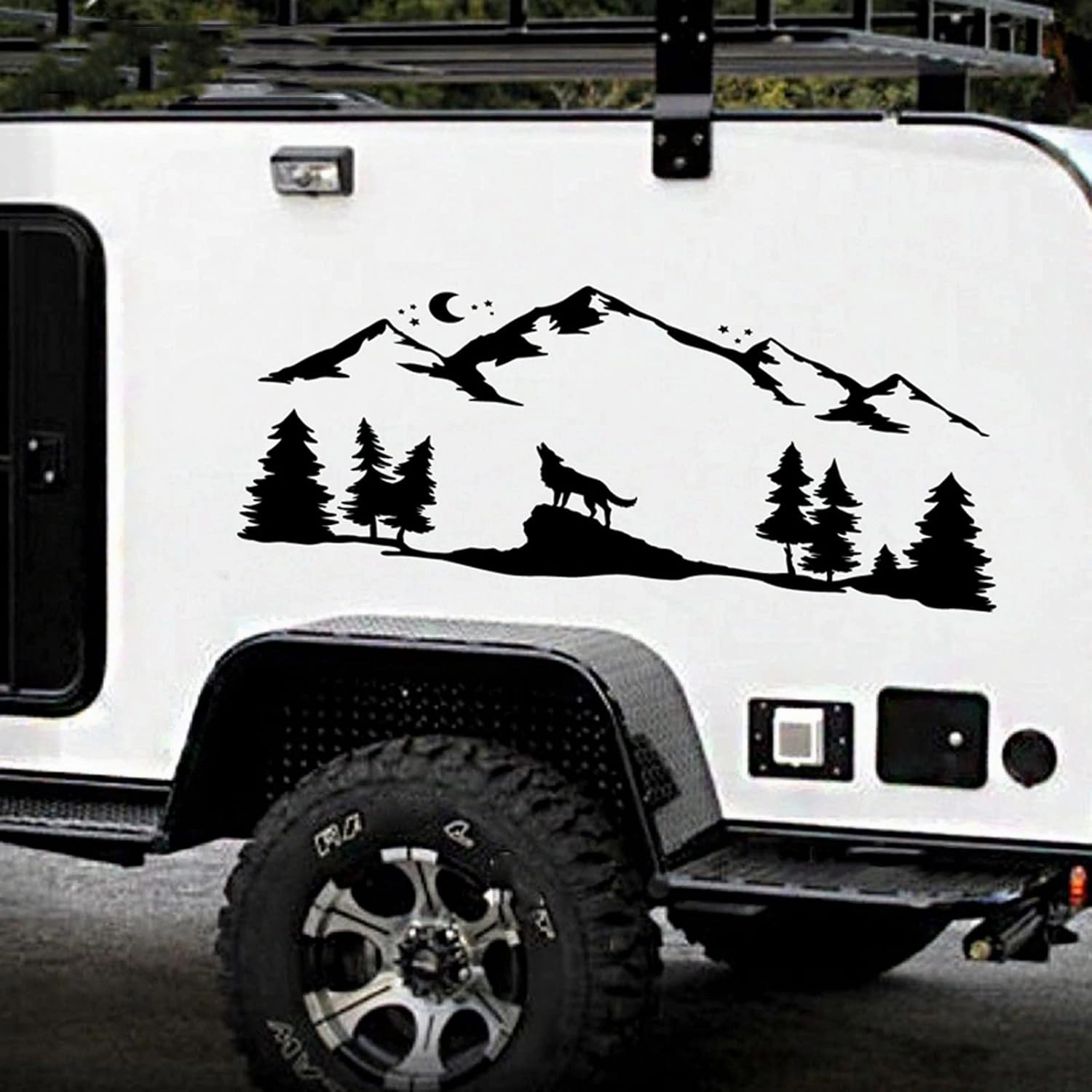 Car Vinyl Decal Stickers， for SUV RV Camper Offroad Howling Wolf Decoration Mountains Forest Animals Moonlight