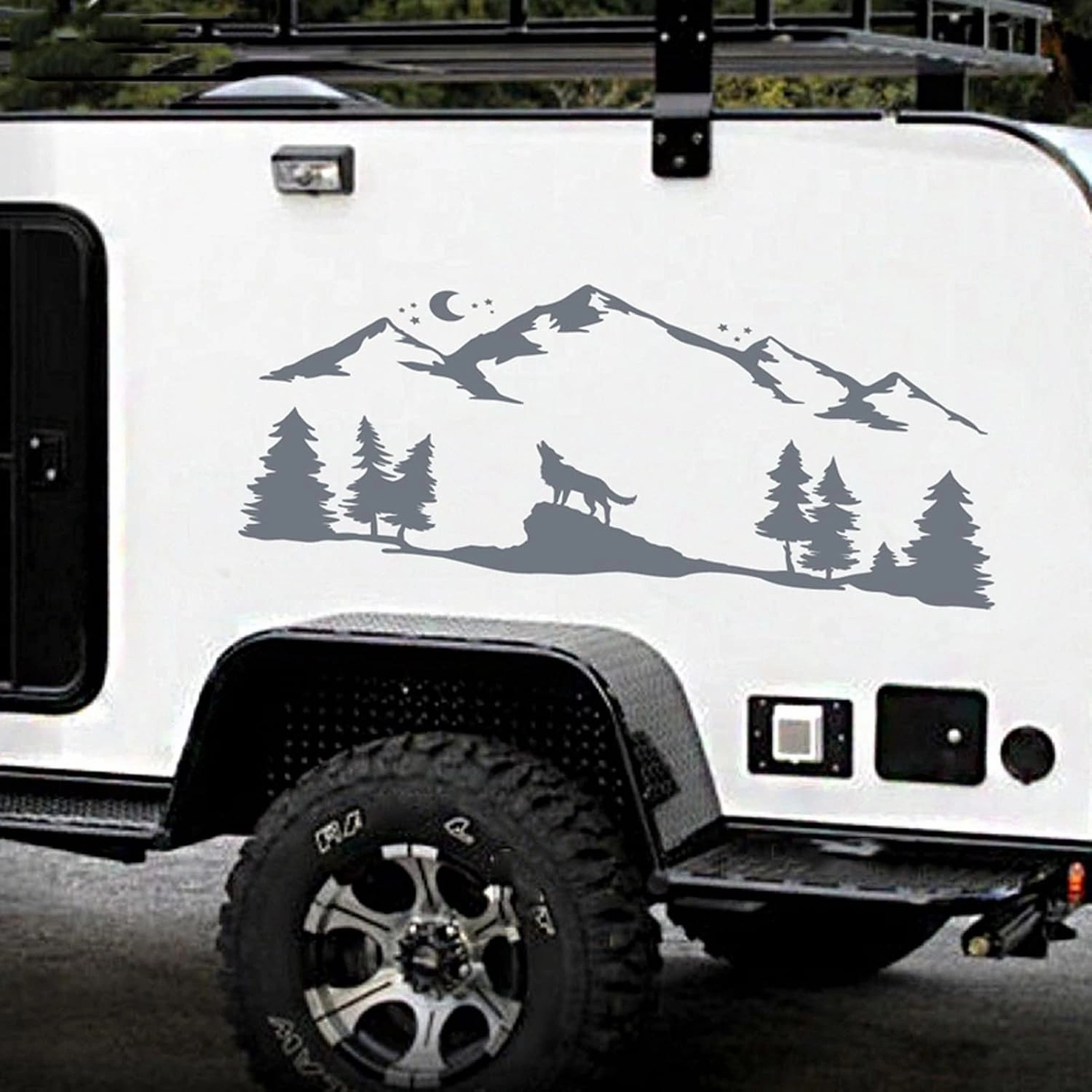 Car Vinyl Decal Stickers， for SUV RV Camper Offroad Howling Wolf Decoration Mountains Forest Animals Moonlight