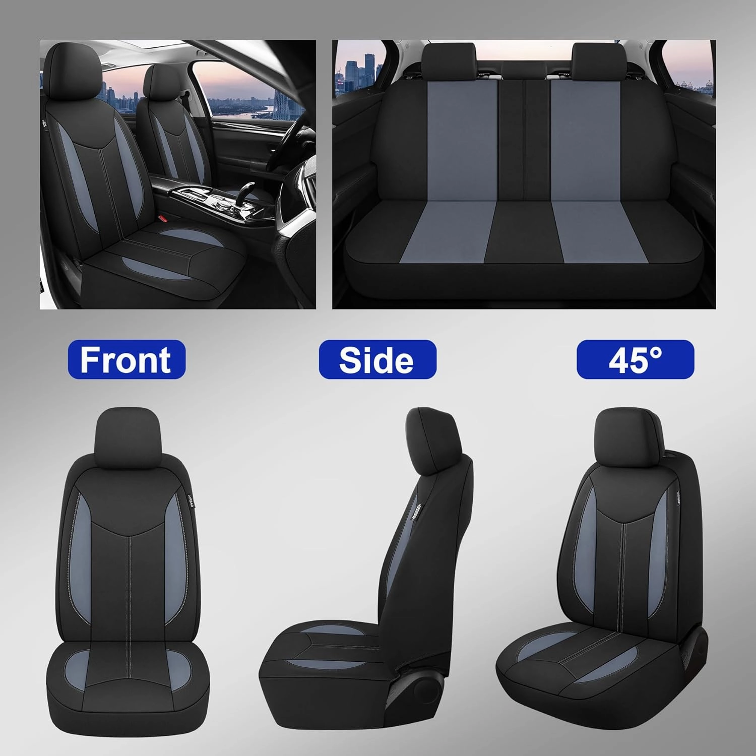 CAROMOP Waterproof Car Seat Cover Full Seats, Neoprene Seat Covers for Cars,Split Bench Compatible Car Interior Covers, Universal Fit Most Car Sedan Truck SUV(Black/Gray)