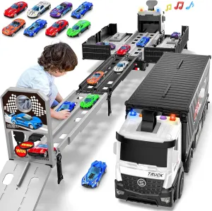 Carrier Truck Race Track Boys Toys, Foldable 3 Layer Toddler Track Playset,Toy Truck Transport Car Carrier & 8 Race Cars, Truck Toddlers Toys B-Day Gifts for Age 3 4 5 6  Years Old Boys Toy