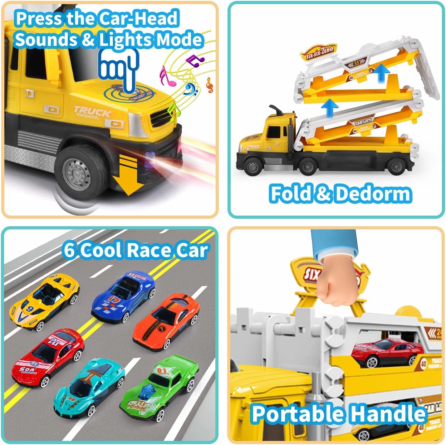 Carrier Truck Toys for Kids, 4.6-FT Foldable Hauler Track Ejection Car and 6 Metal Race Car with Light&Sounds, Truck Toy Child Toys Gifts for 3 4 5 6 7 8   Year Old Boys Girls-Yellow
