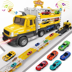 Carrier Truck Toys for Kids, 4.6-FT Foldable Hauler Track Ejection Car and 6 Metal Race Car with Light&Sounds, Truck Toy Child Toys Gifts for 3 4 5 6 7 8   Year Old Boys Girls-Yellow