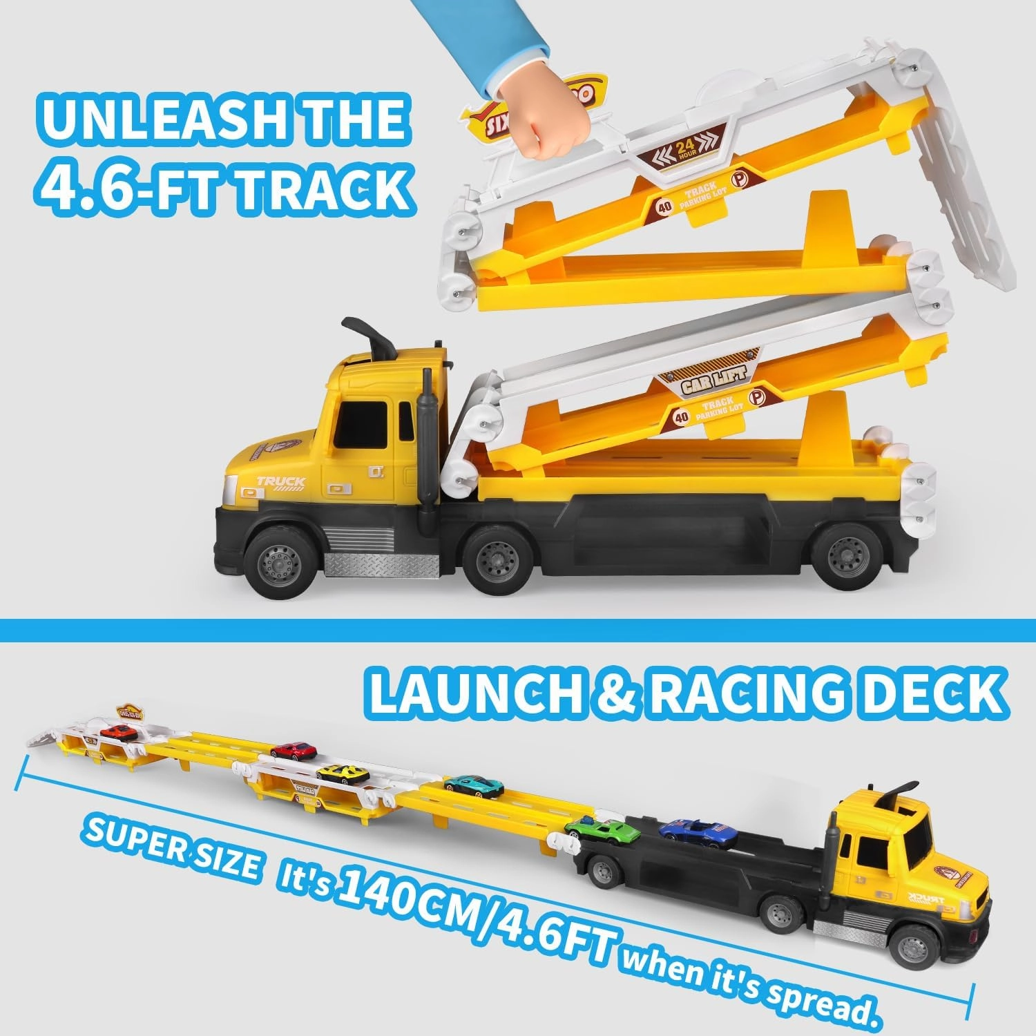 Carrier Truck Toys for Kids, 4.6-FT Foldable Hauler Track Ejection Car and 6 Metal Race Car with Light&Sounds, Truck Toy Child Toys Gifts for 3 4 5 6 7 8   Year Old Boys Girls-Yellow