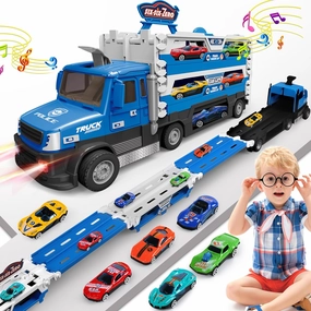 Carrier Trucks Toys for Kids, 4.6-FT Foldable 3 Layer Race Track Ejection Car and 6 Race Cars with Light&Sounds,Transport Truck Toddlers Toys Gifts for 3 4 5 6  Year Old Boys Girls