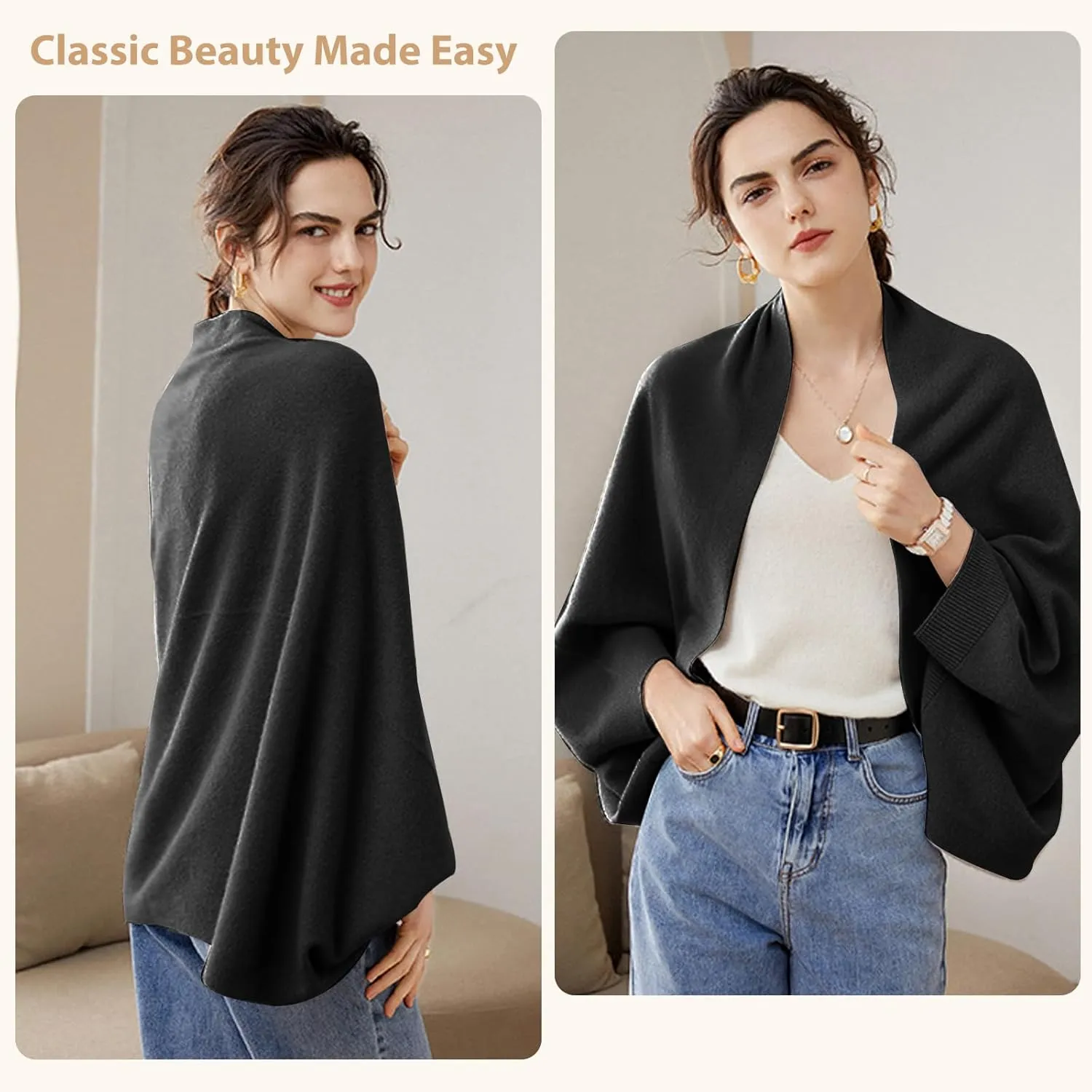 Cashmere Wrap Sweater for Women Warm Shawl Blanket Scarf with Sleeves Open Front Poncho Pashmina Shall with Two Shawl Clips