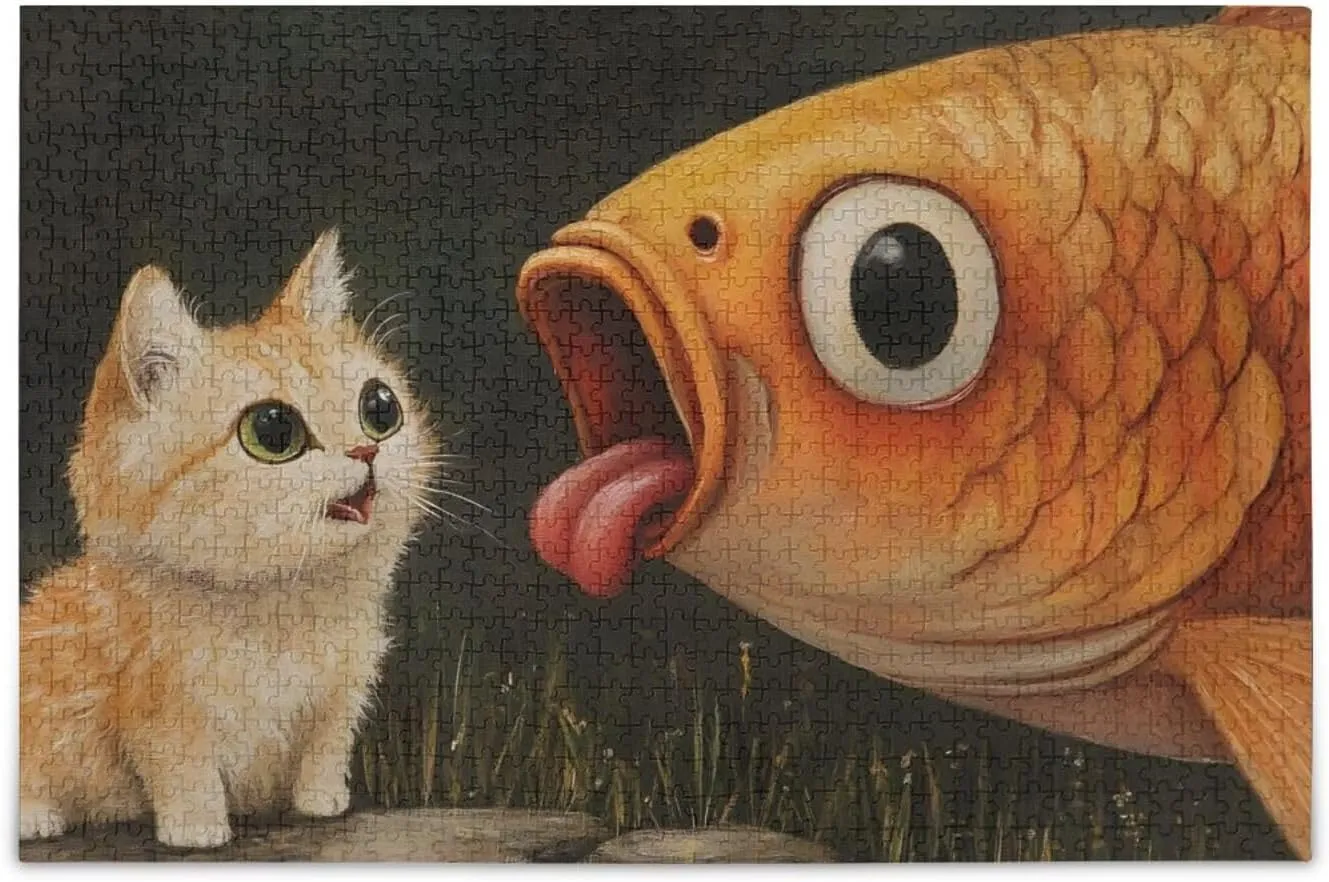 Cat Fish Funny Cute Jigsaw Puzzle for Adults 500 Pieces, Extremely Challenging and Difficult Puzzle for Family Games, Party Entertainment, and Brain Teasing Fun