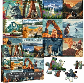 Cat Puzzles for Adults 1000 Pieces and up, National Parks Puzzle Series Kitty Travels Yellowstone Glacier, PICKFORU Funny Cat Jigsaw Puzzles as Home Decor