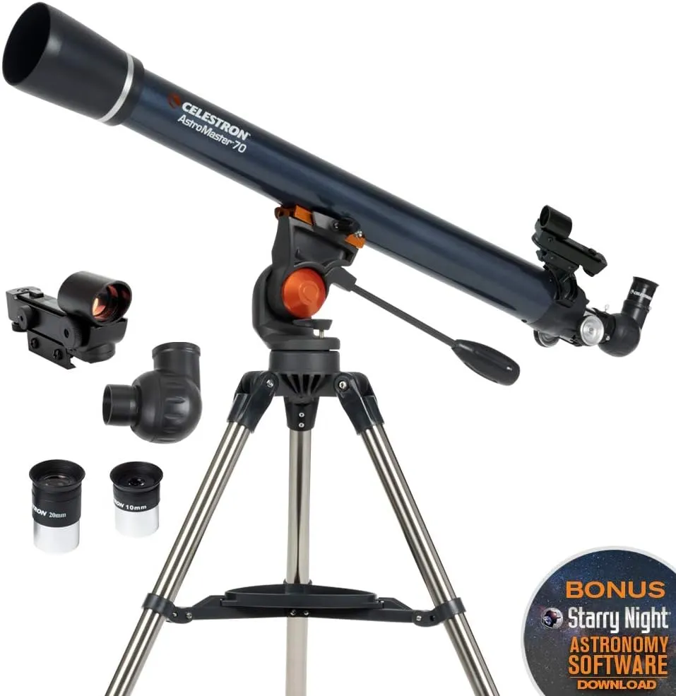 Celestron - AstroMaster 70AZ Telescope - Refractor Telescope - Fully Coated Glass Optics - Adjustable Height Tripod – Bonus Astronomy Software Package