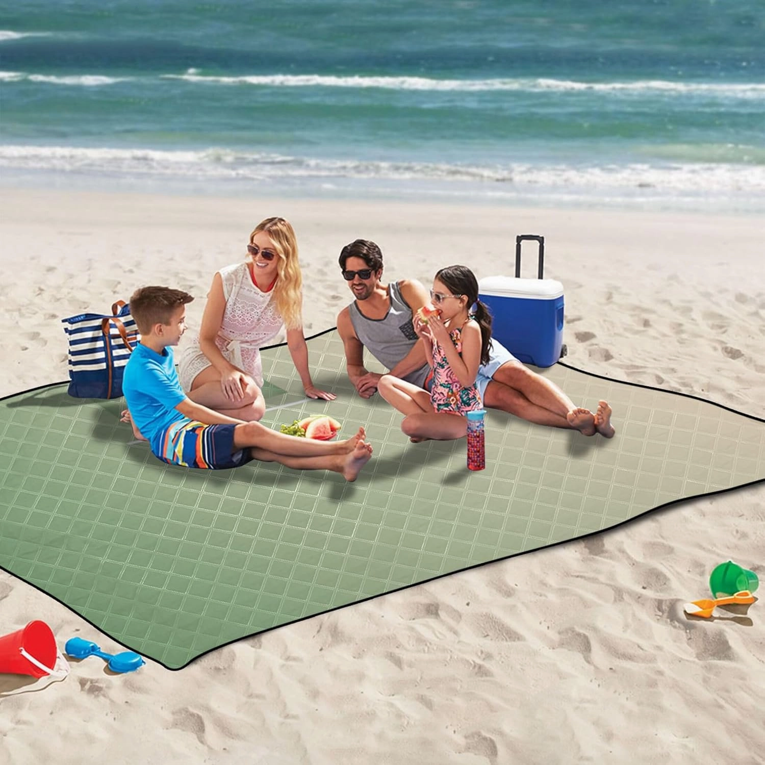 CHIFIGNO Dinosaur Green Blanched Almond Gradient Foldable Picnic Mat Cute Waterproof Beach Blanket Sand Proof Large Packable Camping Blanket 118" x 80"