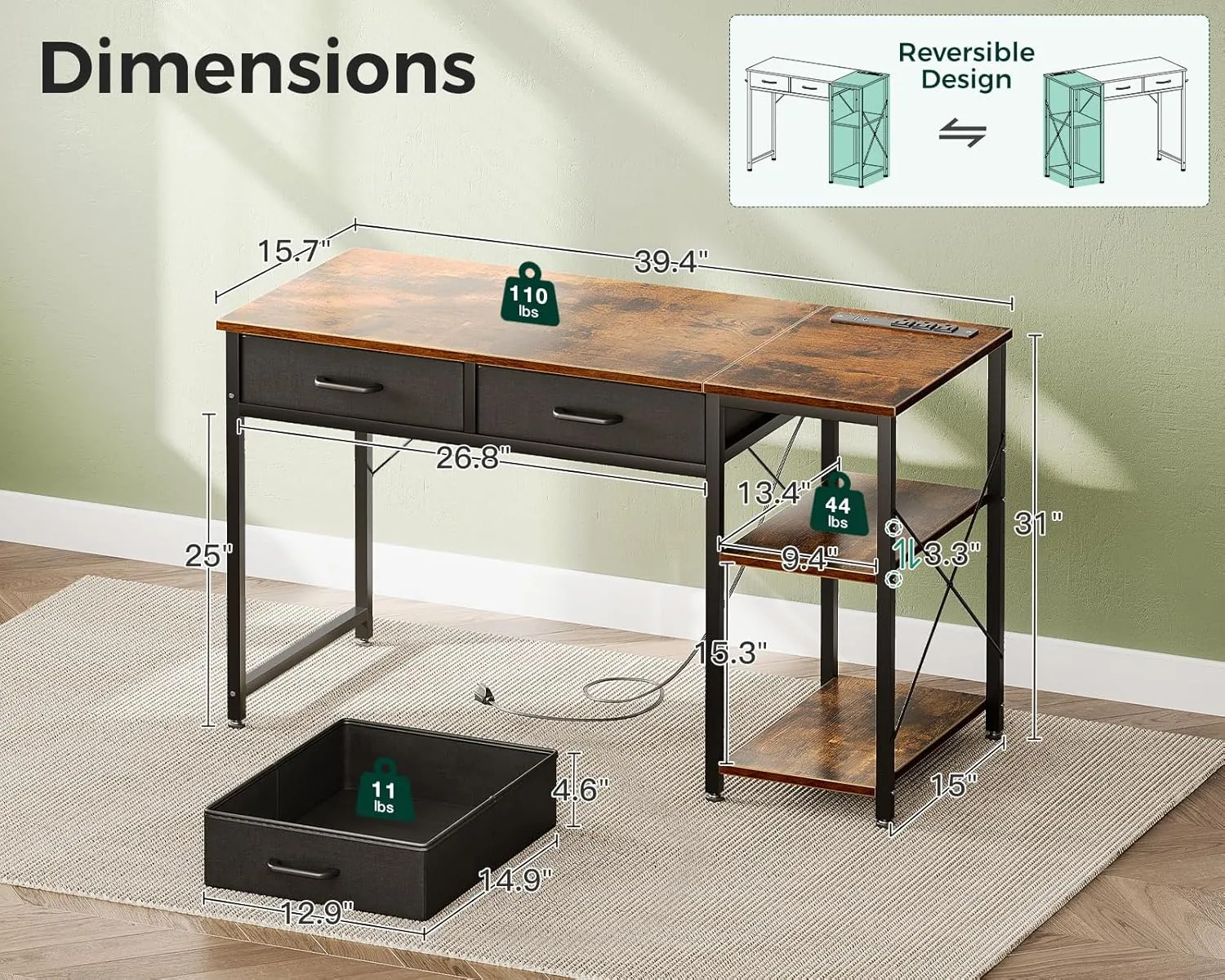Coleshome Laptop Desk, 40 Inch Small Desk with Drawers & Power Outlet for Bedroom, Computer Desk Home Office Desk with Storage Shelves, Reversible Study Table for Small Spaces, Rustic Brown