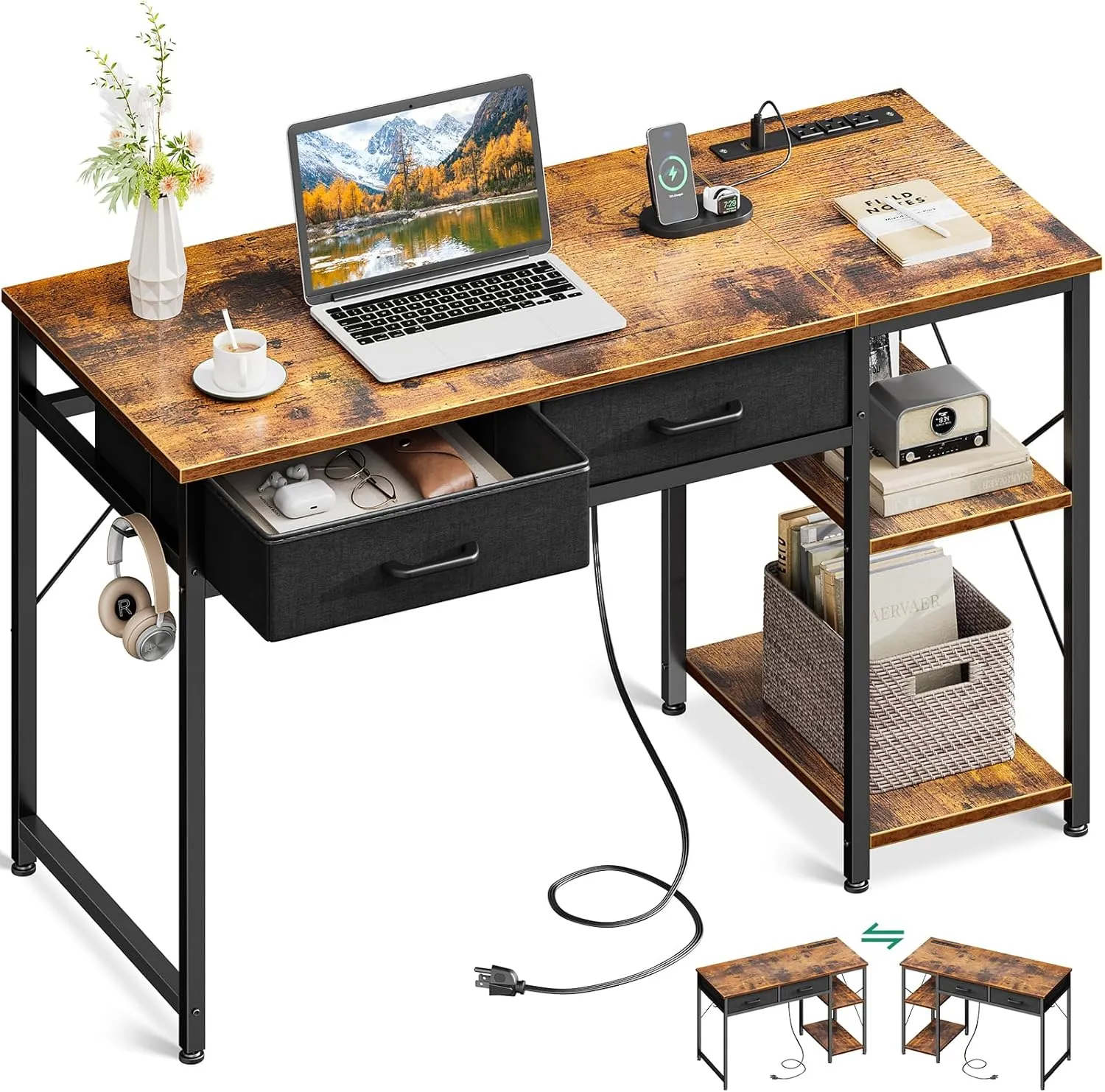 Coleshome Laptop Desk, 40 Inch Small Desk with Drawers & Power Outlet for Bedroom, Computer Desk Home Office Desk with Storage Shelves, Reversible Study Table for Small Spaces, Rustic Brown