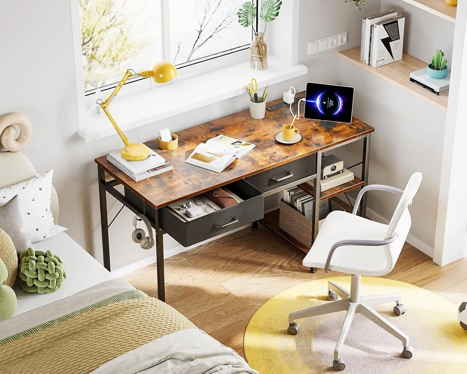 Coleshome Laptop Desk, 40 Inch Small Desk with Drawers & Power Outlet for Bedroom, Computer Desk Home Office Desk with Storage Shelves, Reversible Study Table for Small Spaces, Rustic Brown