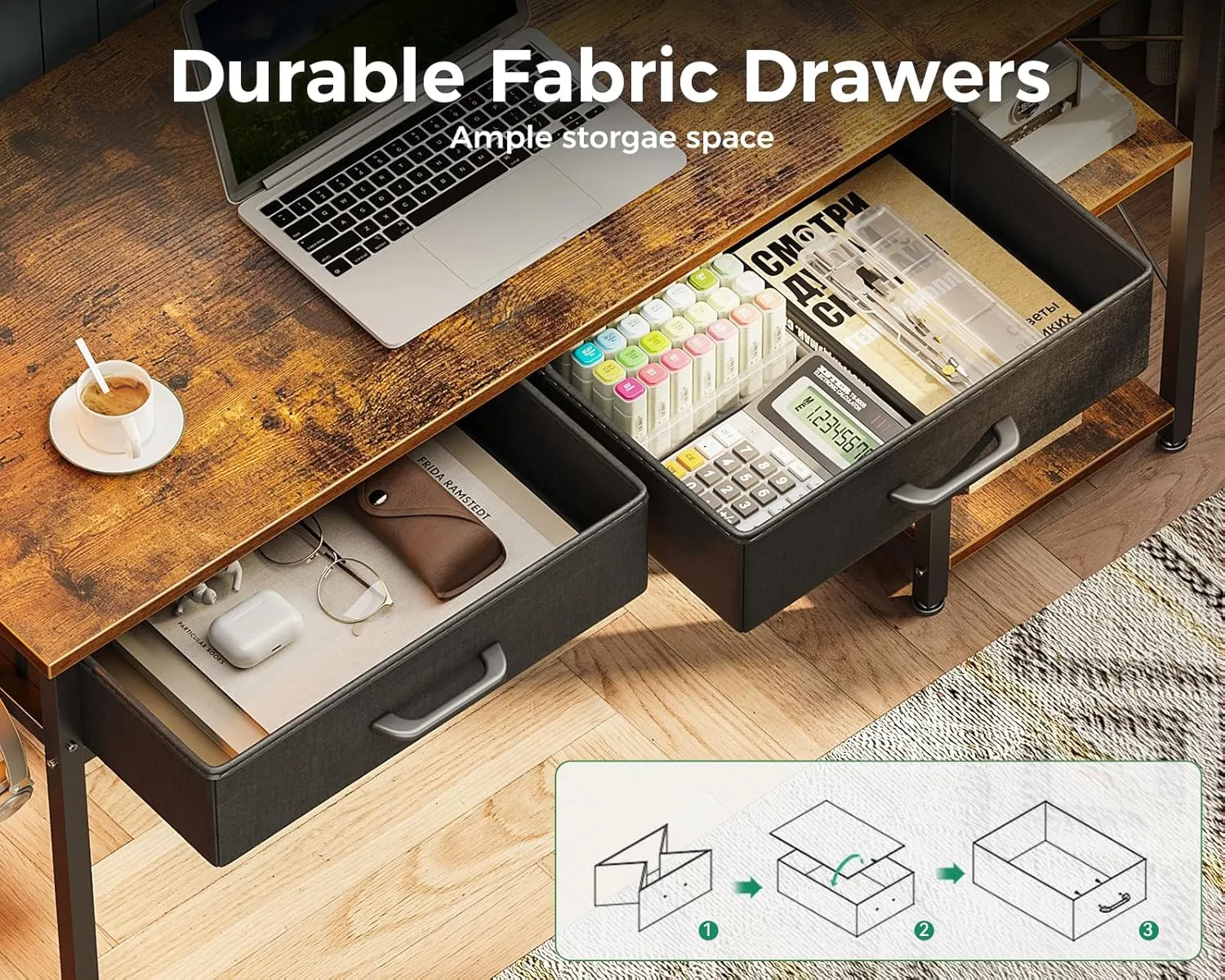 Coleshome Laptop Desk, 40 Inch Small Desk with Drawers & Power Outlet for Bedroom, Computer Desk Home Office Desk with Storage Shelves, Reversible Study Table for Small Spaces, Rustic Brown
