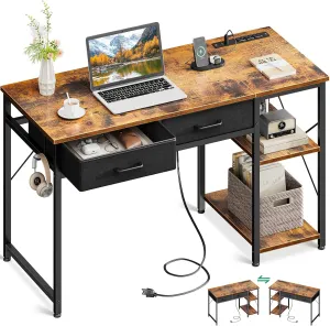 Coleshome Laptop Desk, 40 Inch Small Desk with Drawers & Power Outlet for Bedroom, Computer Desk Home Office Desk with Storage Shelves, Reversible Study Table for Small Spaces, Rustic Brown