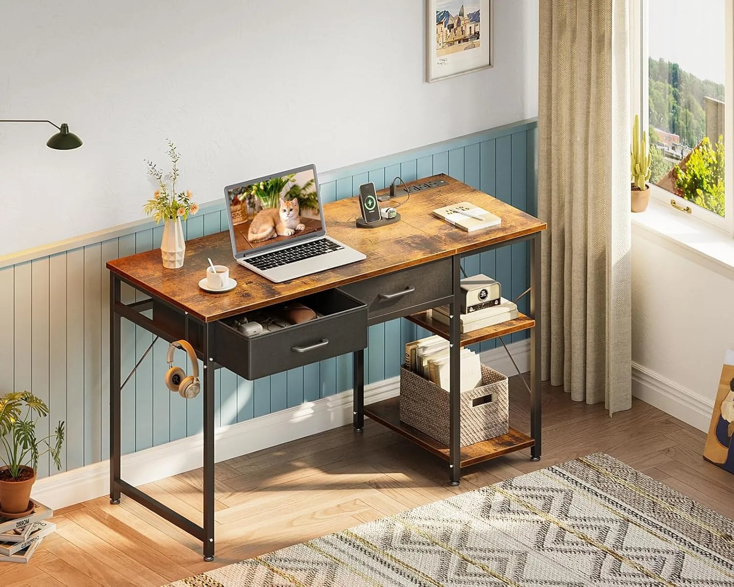 Coleshome Laptop Desk, 40 Inch Small Desk with Drawers & Power Outlet for Bedroom, Computer Desk Home Office Desk with Storage Shelves, Reversible Study Table for Small Spaces, Rustic Brown