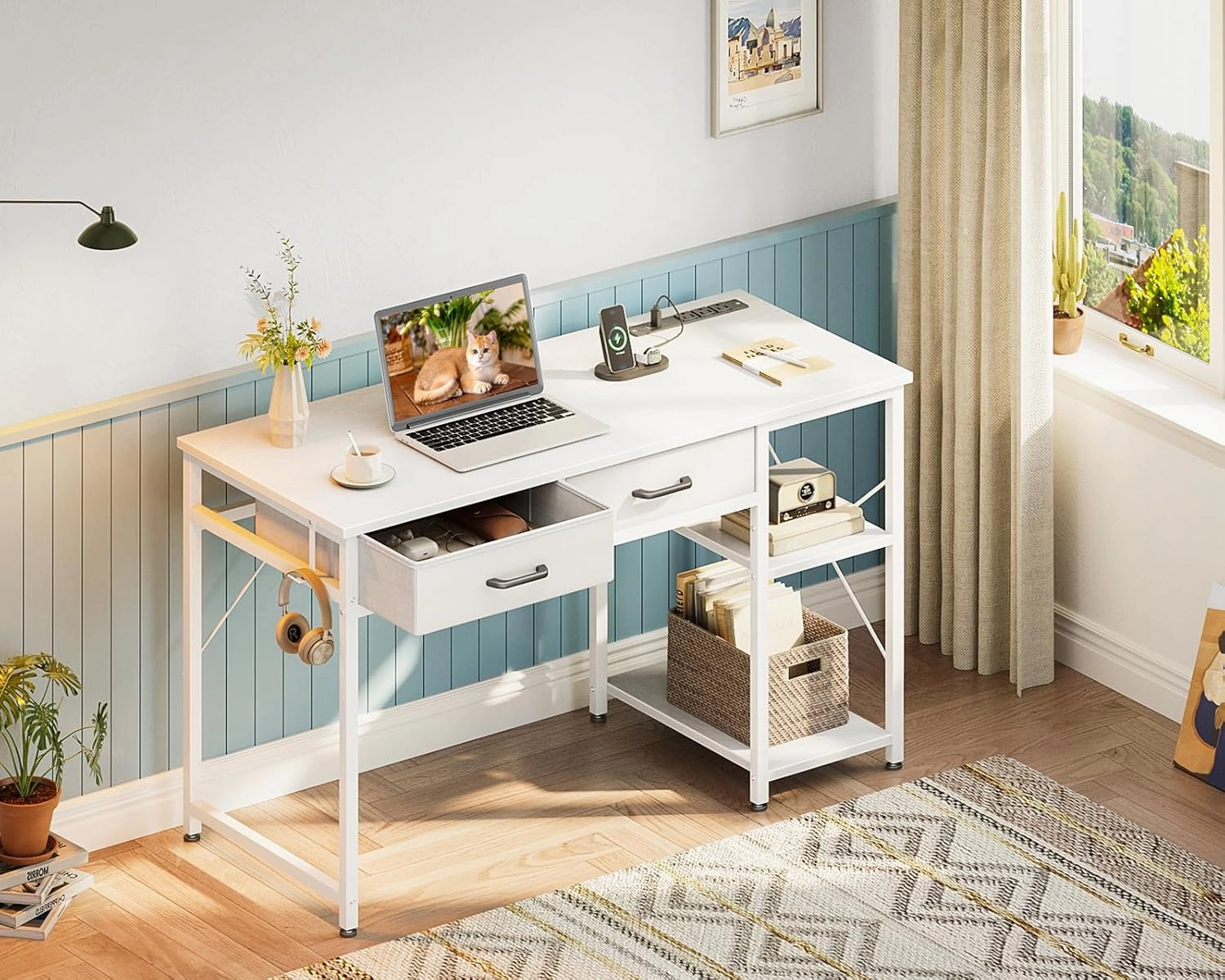 Coleshome Laptop Desk, 40 Inch Small Computer Desk With Drawers & Power Outlet for Bedroom, Home Office With Storage Shelves, Reversible Study Table Vanity for Small Spaces, White