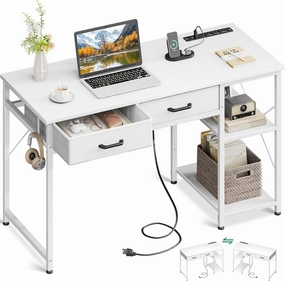 Coleshome Laptop Desk, 40 Inch Small Computer Desk With Drawers & Power Outlet for Bedroom, Home Office With Storage Shelves, Reversible Study Table Vanity for Small Spaces, White