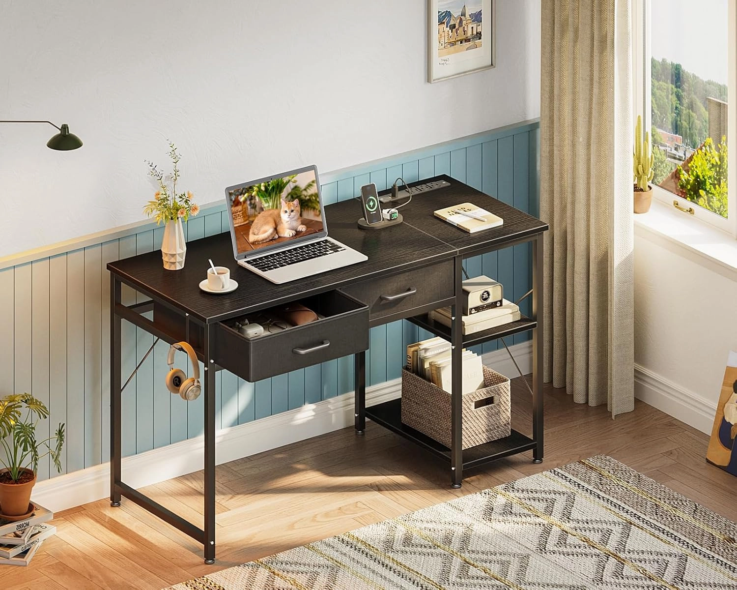 Coleshome Laptop Desk, 40 Inch Small Desk with Drawers & Power Outlet for Bedroom, Computer Desk Home Office Desk with Storage Shelves, Reversible Study Table Writing Desk for Small Spaces, Black