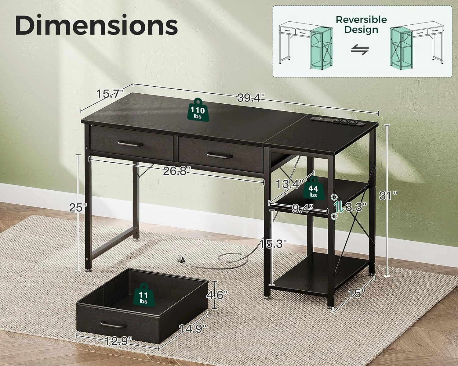 Coleshome Laptop Desk, 40 Inch Small Desk with Drawers & Power Outlet for Bedroom, Computer Desk Home Office Desk with Storage Shelves, Reversible Study Table Writing Desk for Small Spaces, Black