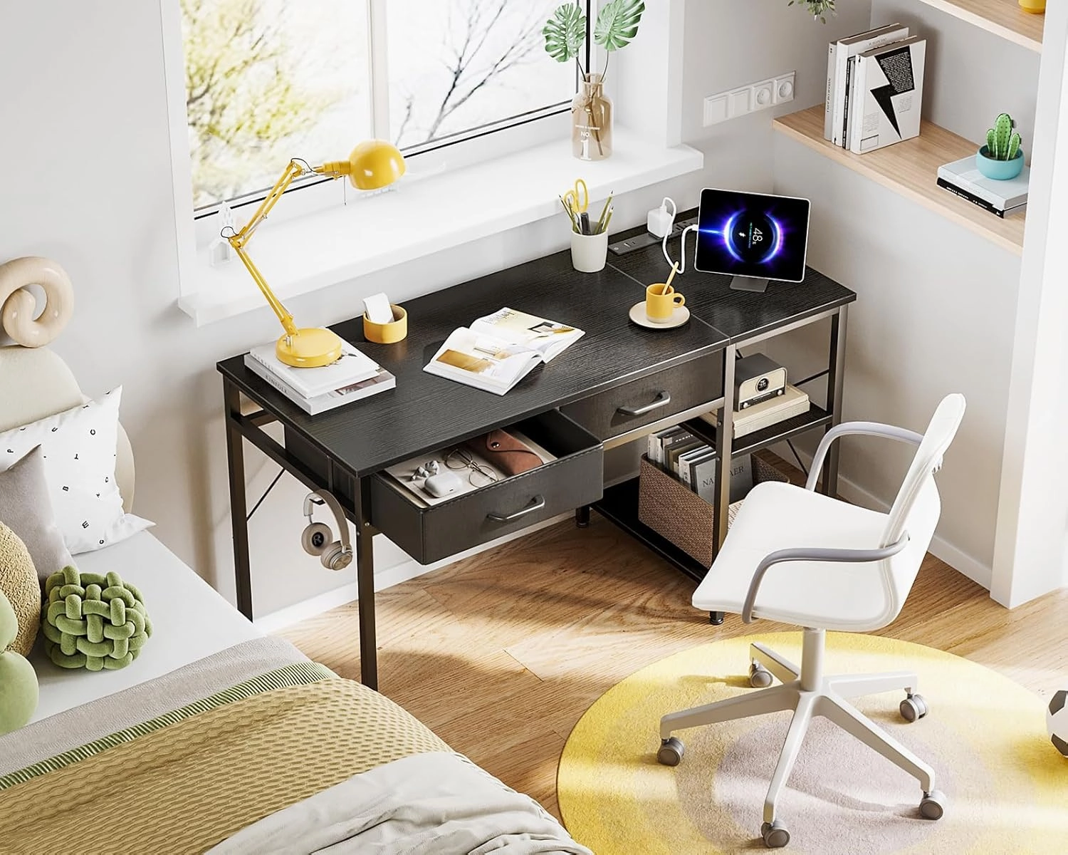 Coleshome Laptop Desk, 40 Inch Small Desk with Drawers & Power Outlet for Bedroom, Computer Desk Home Office Desk with Storage Shelves, Reversible Study Table Writing Desk for Small Spaces, Black
