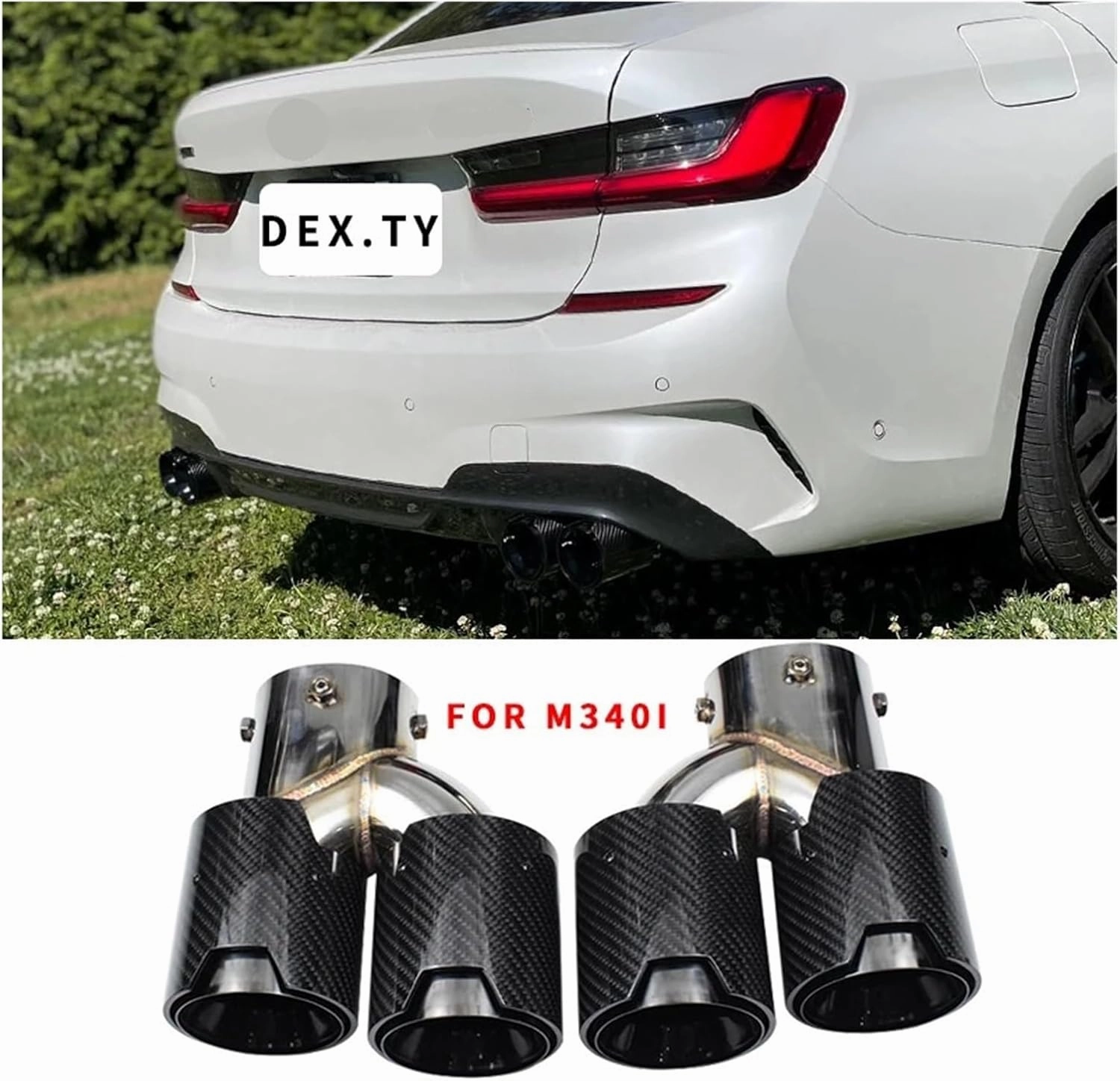Compatible For BMW 2021 2022 2023 G23 M440i G20 G21 M340i G42 M240i Black 4 Outlet Carbon Fiber Exhaust Tip (Color : Black)