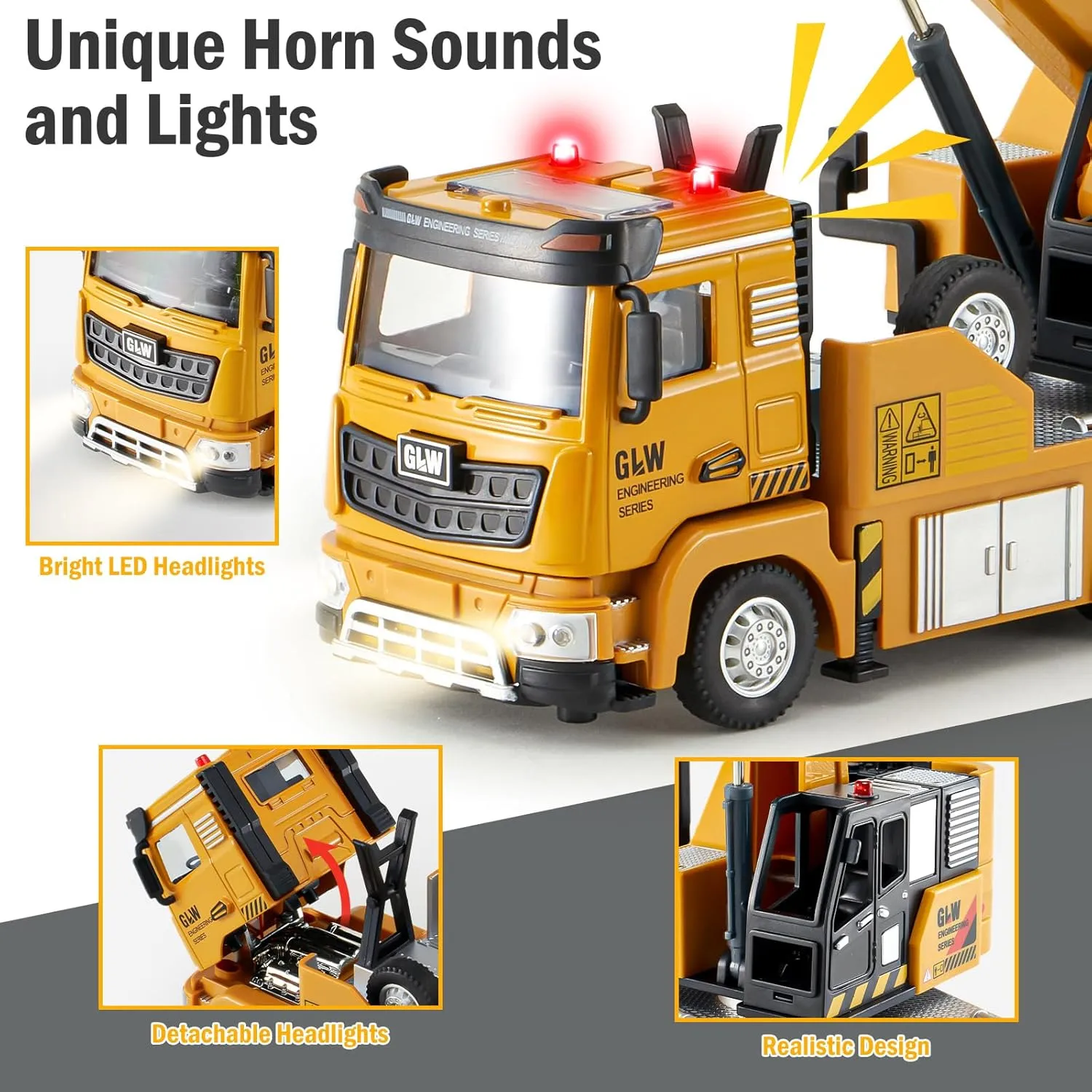 Construction Crane Truck Toy for Boys - 1:40 Alloy Realistic Crane Pull Back Truck with Lights and Sound, Perfect Birthday for Kids Ages 3-8