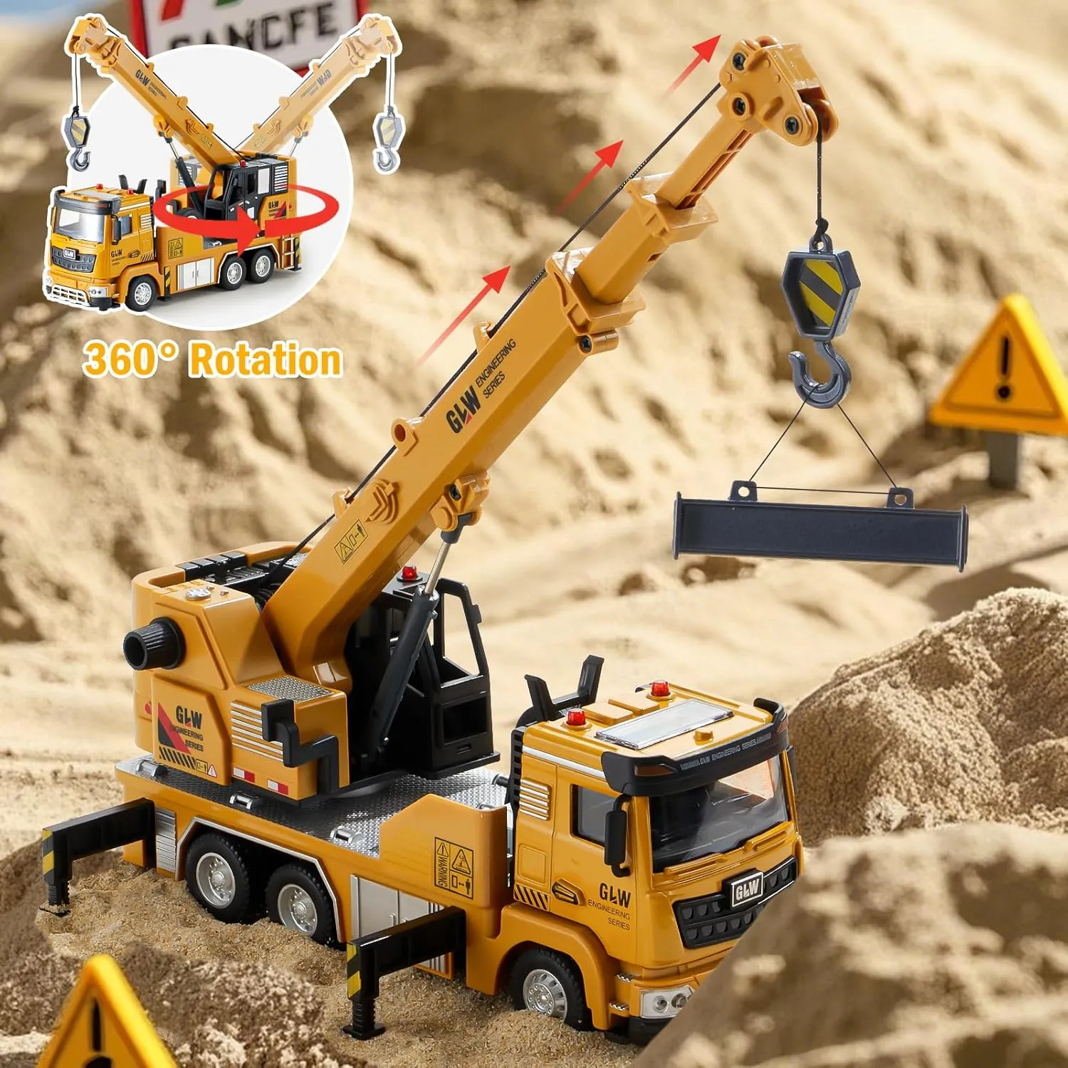 Construction Crane Truck Toy for Boys - 1:40 Alloy Realistic Crane Pull Back Truck with Lights and Sound, Perfect Birthday for Kids Ages 3-8