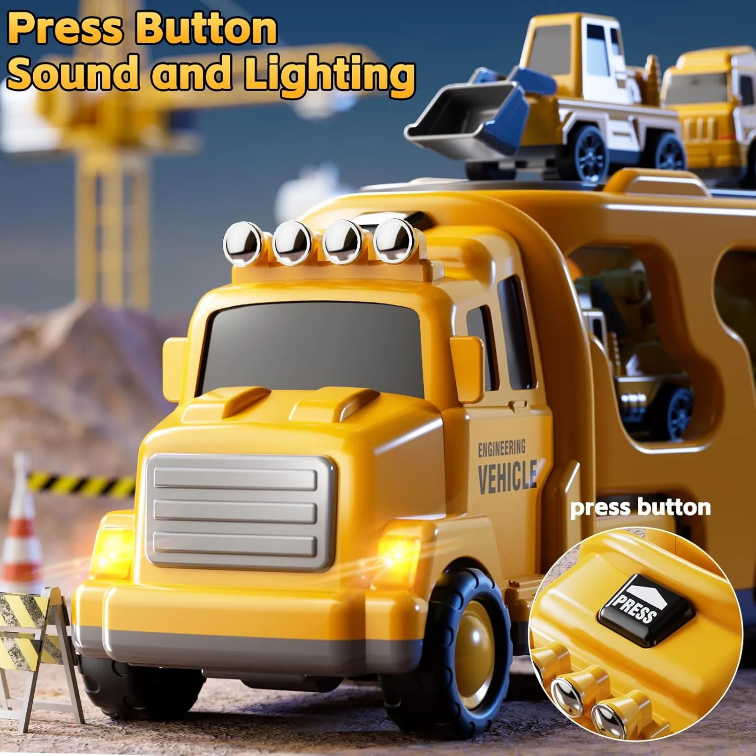 Construction Trucks Toys for 2 3 4 5 Years Old Boys - 5-in-1 Carrier Transport Vehicle Truck for Toddlers 2-4 Years with Crane, Mixer, Pushdozer and Excavator, Car Toys Birthdays Gift