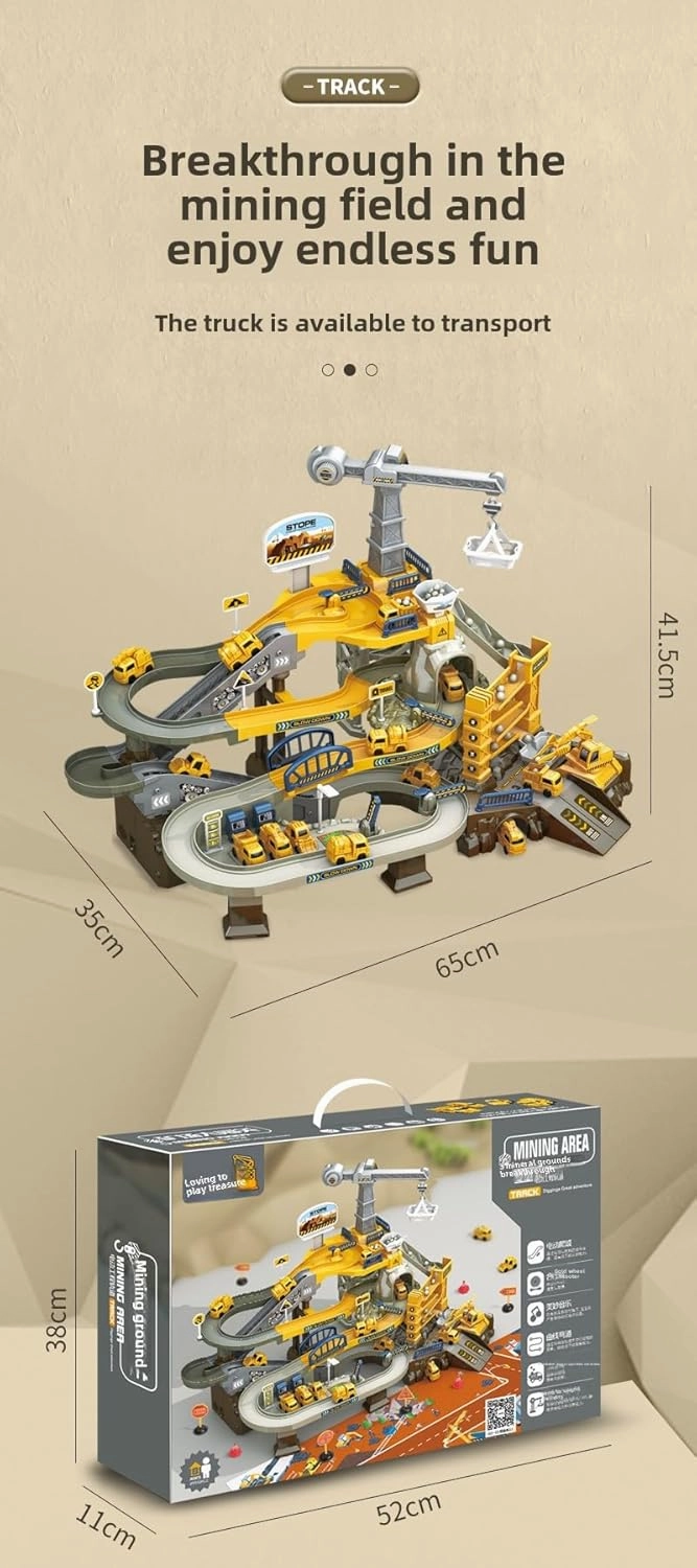 Construction Vehicle Track Set with Crane, Electric Track Slide, Multi-Level Racing Track, Engineering Toy Playset with Vehicles (004A)