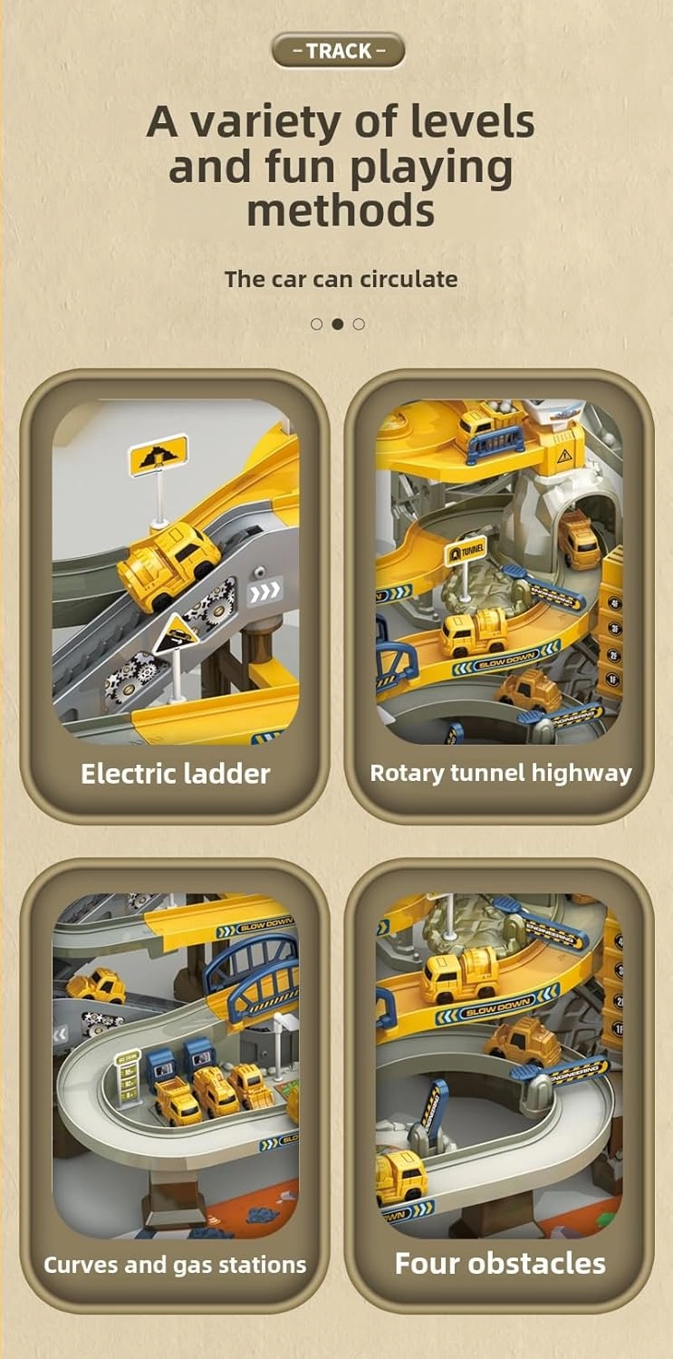 Construction Vehicle Track Set with Crane, Electric Track Slide, Multi-Level Racing Track, Engineering Toy Playset with Vehicles (004A)
