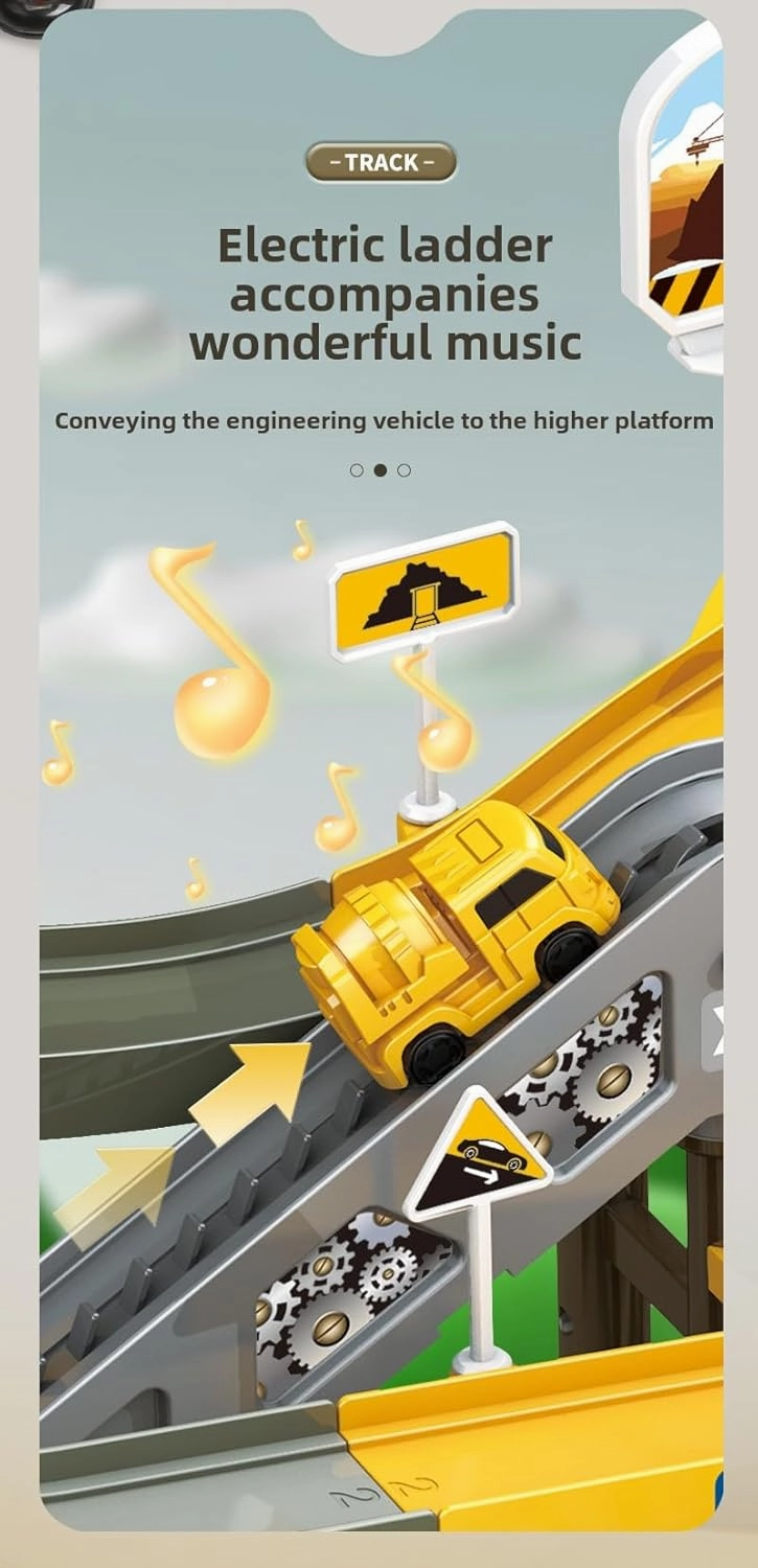 Construction Vehicle Track Set with Crane, Electric Track Slide, Multi-Level Racing Track, Engineering Toy Playset with Vehicles (004A)