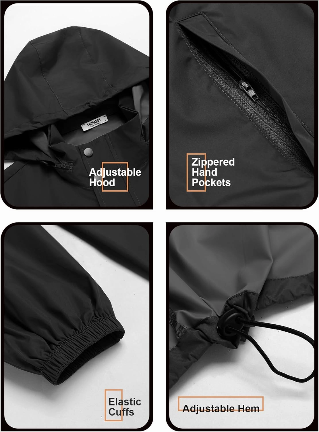 COOFANDY Men's Rain Jacket Waterproof Packable Raincoat Lightweight Rain Shell Hood Travel Golf Hiking Cycling Zip Pockets