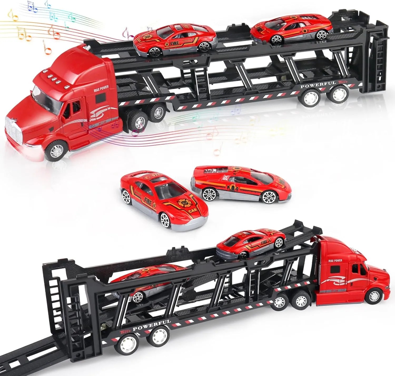 CORPER TOYS Transport Car Carrier Truck Toy Detachable Die-cast Pull Back Play Vehicles Car Set for Kids with Lights and Sounds Sets of 3 Red