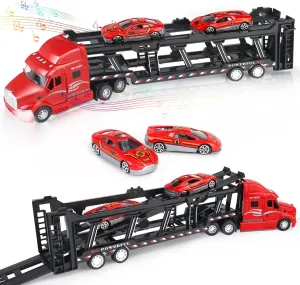 CORPER TOYS Transport Car Carrier Truck Toy Detachable Die-cast Pull Back Play Vehicles Car Set for Kids with Lights and Sounds Sets of 3 Red