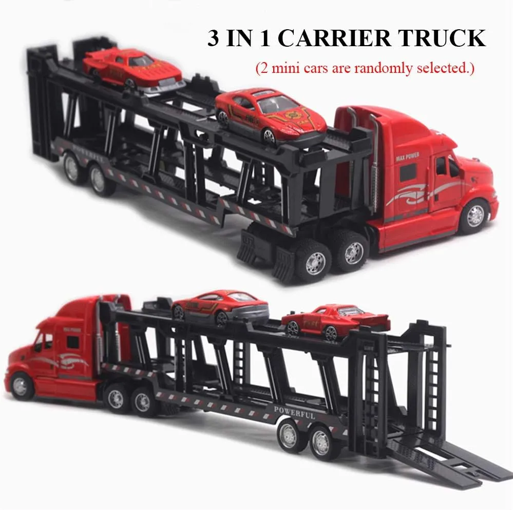 CORPER TOYS Transport Car Carrier Truck Toy Detachable Die-cast Pull Back Play Vehicles Car Set for Kids with Lights and Sounds Sets of 3 Red