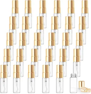 Cositina 30 Pack 3ml Fine Mist Atomizer Glass Bottle Mini Clear Spray Vials Empty Refillable Perfume Bottles with Gold Lids for Fragrance Scent Liquid Sample DIY Sprays