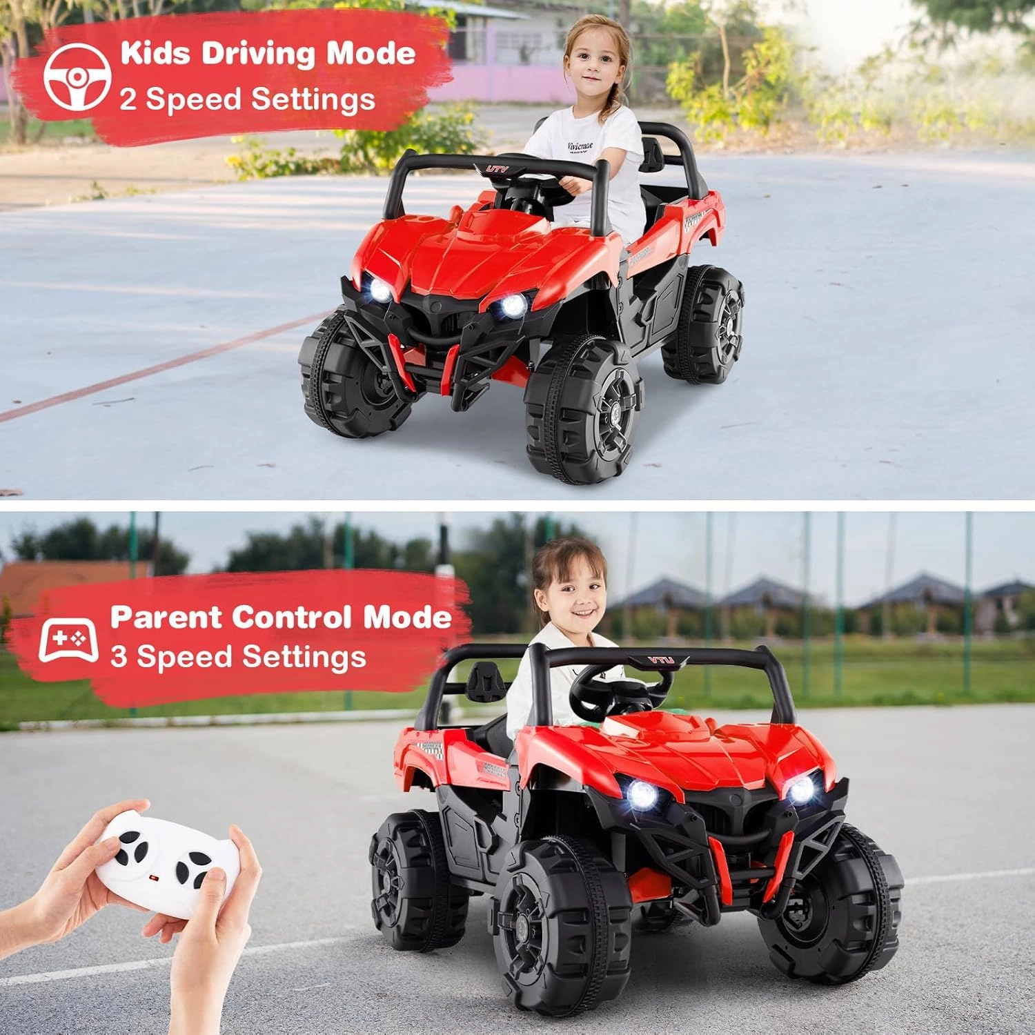 Costzon Kids Ride on Truck, 12V Battery Powered Electric Vehicle w/Remote Control, 3 Speeds, LED Lights, Music, MP3 & AUX Ports, Off-Road UTV Truck with Soft Start, Gift for Boys & Girls