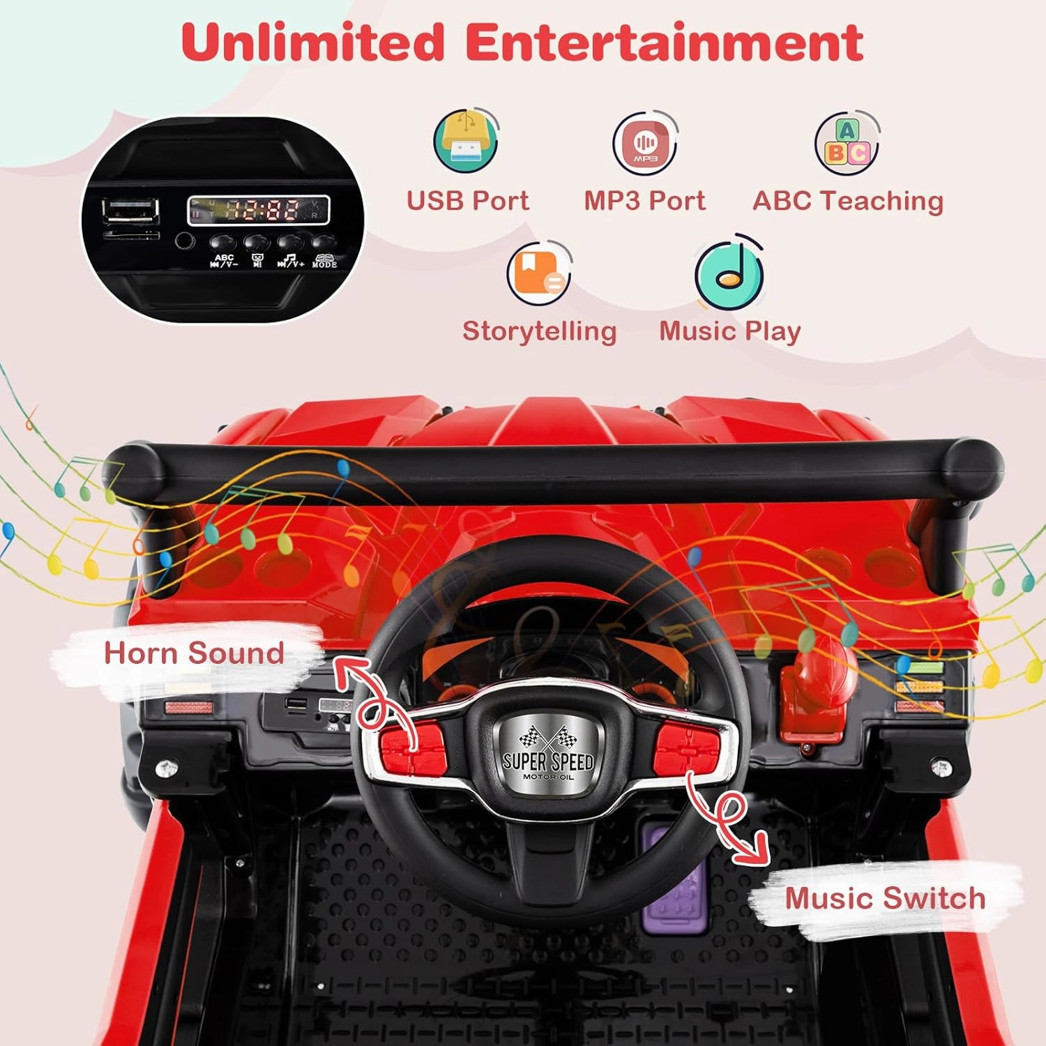 Costzon Kids Ride on Truck, 12V Battery Powered Electric Vehicle w/Remote Control, 3 Speeds, LED Lights, Music, MP3 & AUX Ports, Off-Road UTV Truck with Soft Start, Gift for Boys & Girls