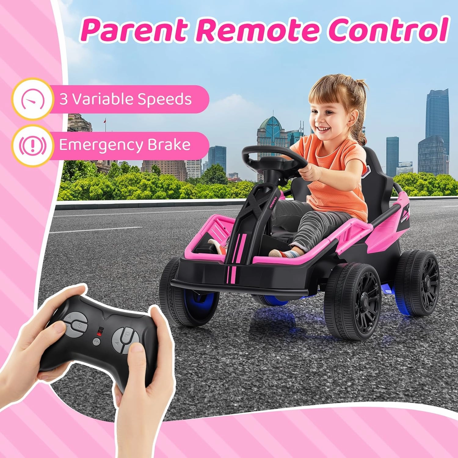 Costzon Ride on Car for Big Kids, 12V Battery Powered Electric UTV w/Remote Control, LED Lights, 3 Speeds, 16" Wide Seat, Shock Absorbers, Horn & Music, Toddler Kids Car Toy for Boys & Girls (Pink)