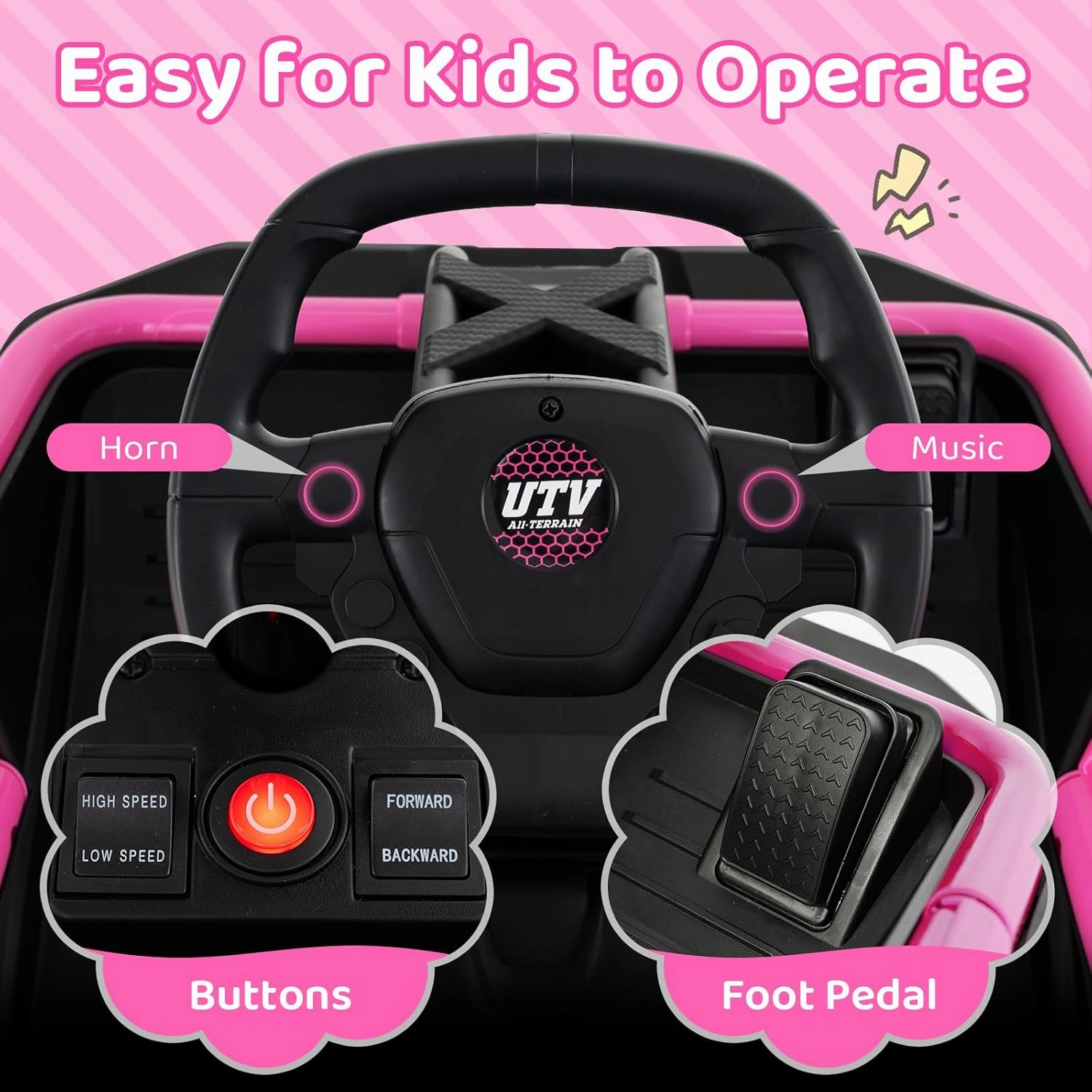 Costzon Ride on Car for Big Kids, 12V Battery Powered Electric UTV w/Remote Control, LED Lights, 3 Speeds, 16" Wide Seat, Shock Absorbers, Horn & Music, Toddler Kids Car Toy for Boys & Girls (Pink)