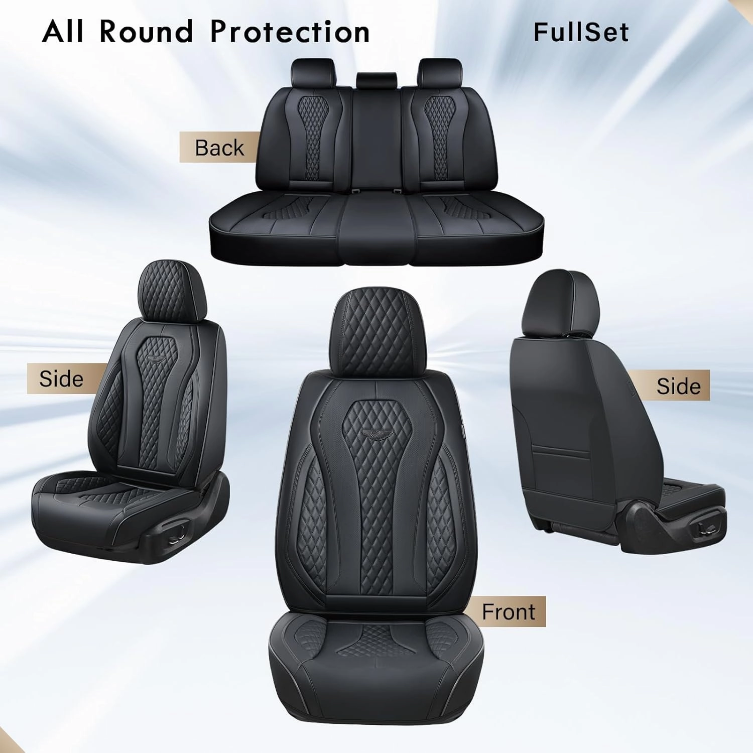 Coverado Leather Seat Covers Full Set, 5 Seats Universal for Cars, Waterproof Luxury Leatherette Cushions, Front and Rear Protectors, Auto Fit Most Vehicles Black