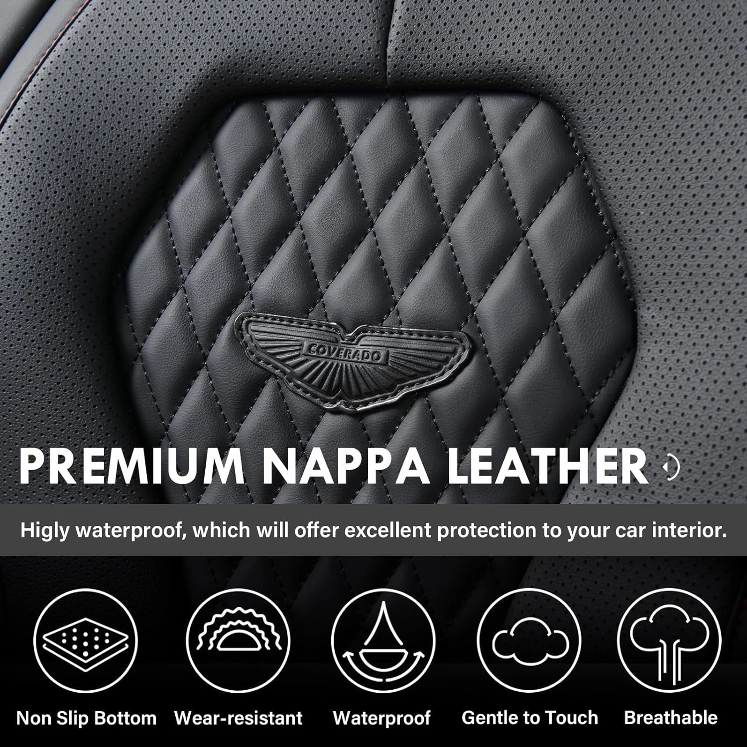 Coverado Leather Seat Covers Full Set, 5 Seats Universal for Cars, Waterproof Luxury Leatherette Cushions, Front and Rear Protectors, Auto Fit Most Vehicles Black