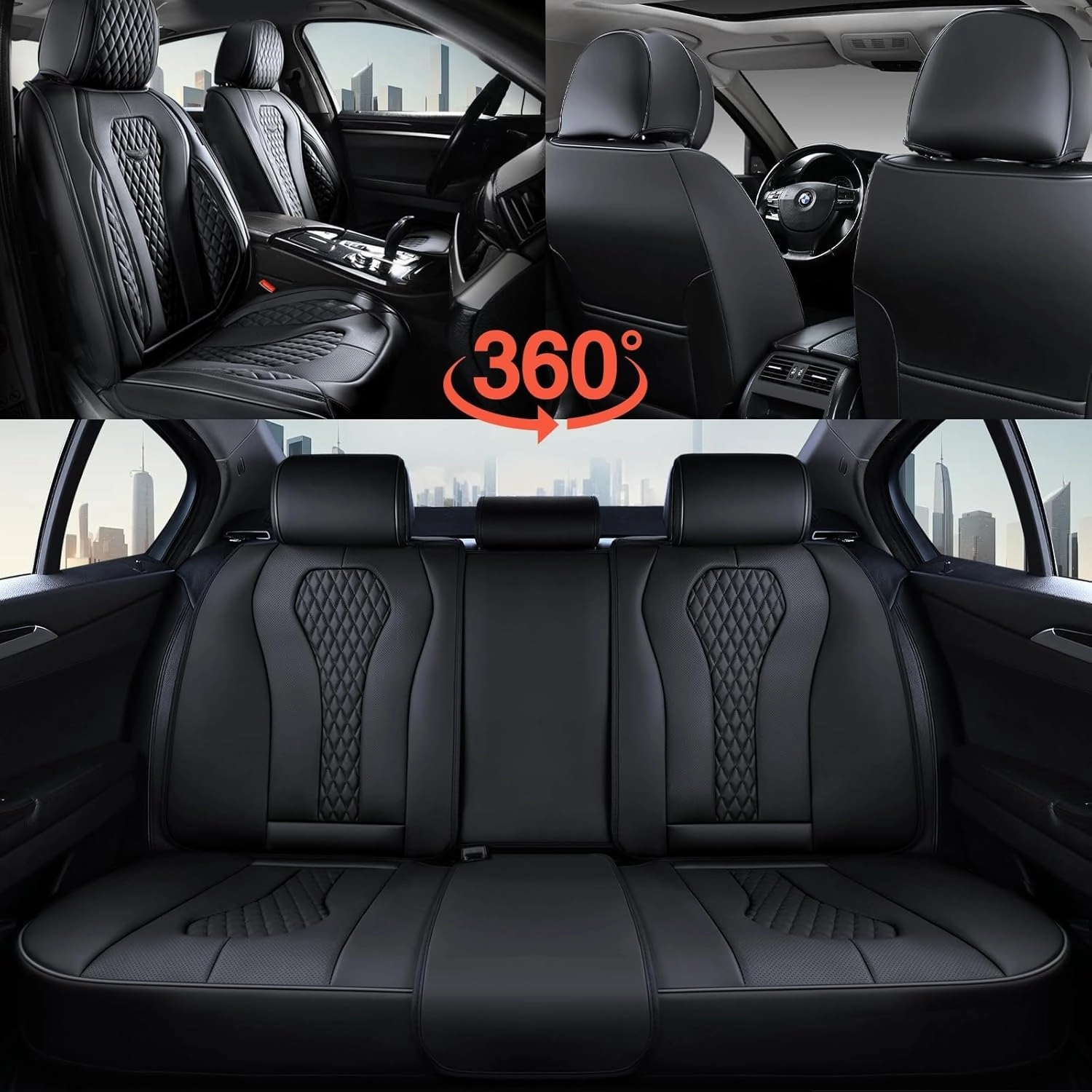 Coverado Leather Seat Covers Full Set, 5 Seats Universal for Cars, Waterproof Luxury Leatherette Cushions, Front and Rear Protectors, Auto Fit Most Vehicles Black
