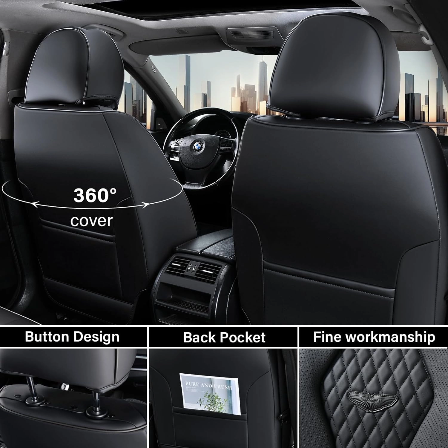 Coverado Leather Seat Covers Full Set, 5 Seats Universal for Cars, Waterproof Luxury Leatherette Cushions, Front and Rear Protectors, Auto Fit Most Vehicles Black