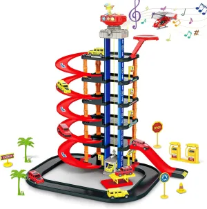 COVTOY Parking Garage Toy Playset - Race Car Track with Sounds and Lights, Includes Cars and Helicopter - Boys' Birthday Gifts, Ages 3-5