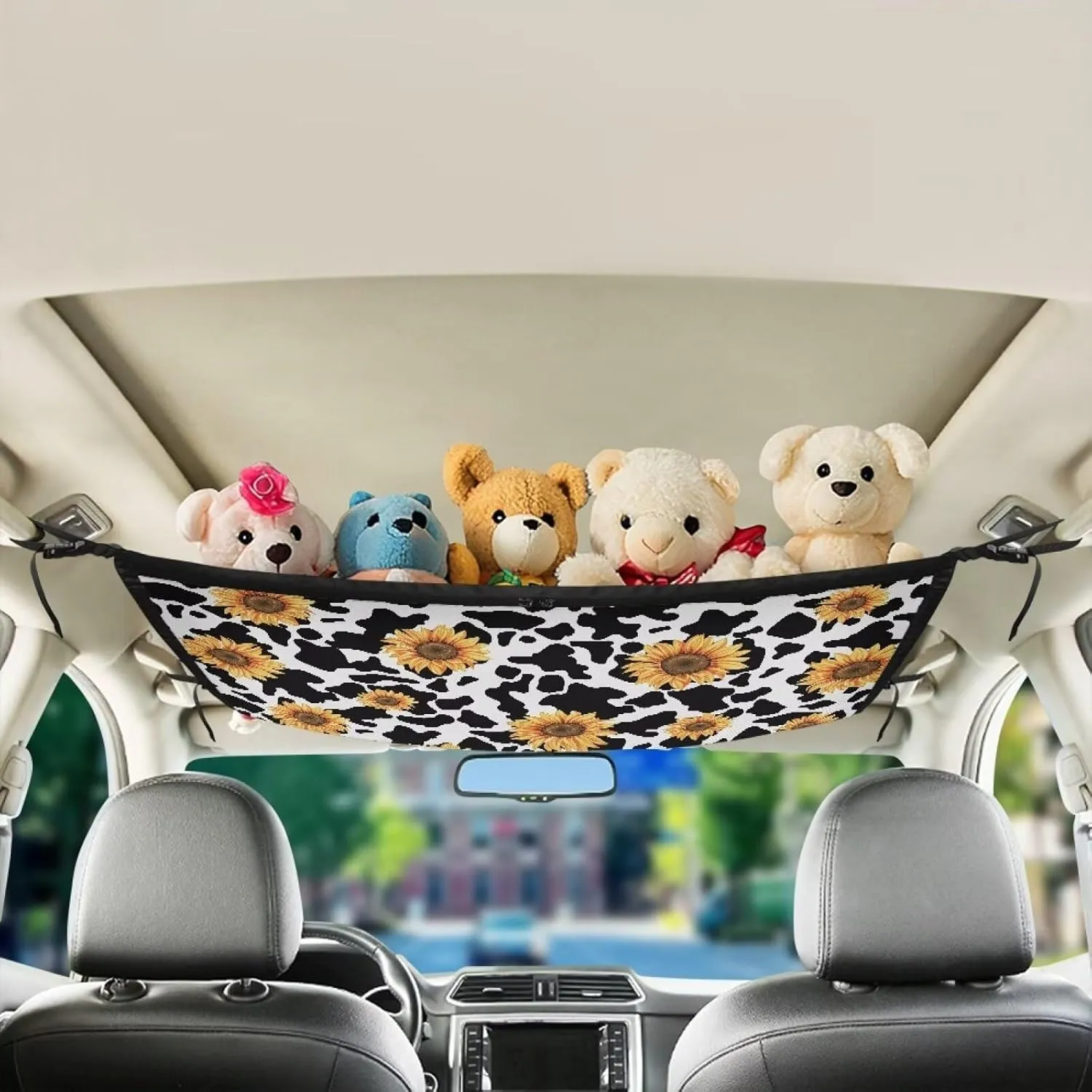 Cow Texture Sunflower Pattern Car Ceiling Cargo Net, Car Roof Organizer Long Trip Ceiling Storage Net, Car Camping Cargo Net for Car, SUV, Van Life Accessories