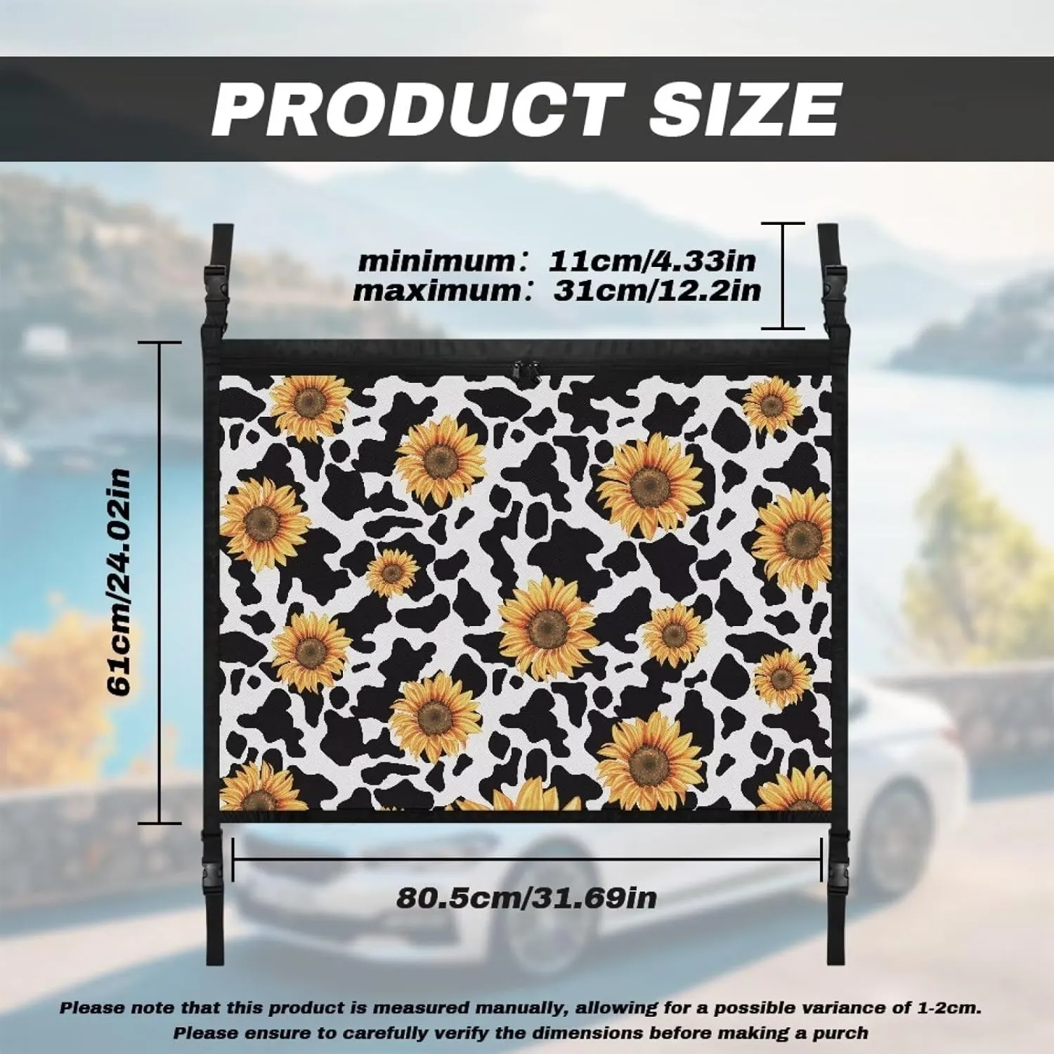 Cow Texture Sunflower Pattern Car Ceiling Cargo Net, Car Roof Organizer Long Trip Ceiling Storage Net, Car Camping Cargo Net for Car, SUV, Van Life Accessories