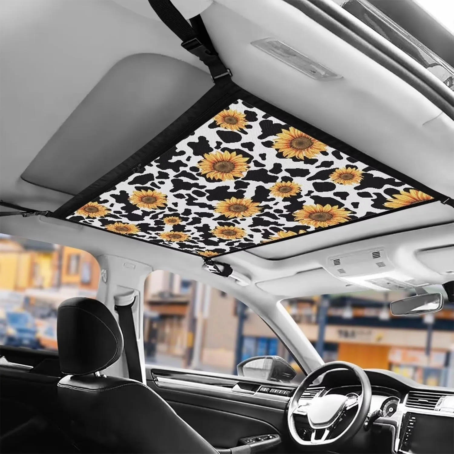 Cow Texture Sunflower Pattern Car Ceiling Cargo Net, Car Roof Organizer Long Trip Ceiling Storage Net, Car Camping Cargo Net for Car, SUV, Van Life Accessories