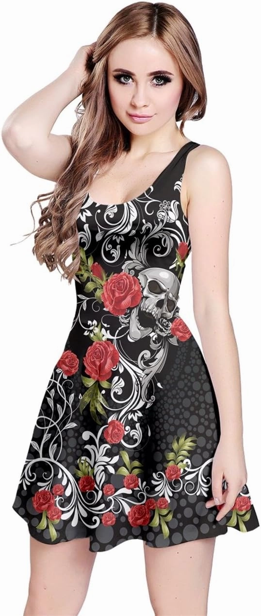 CowCow Womens Party Mini Dress Grunge Skulls Pattern Gothic Sleeveless Skater Dress, XS-5XL
